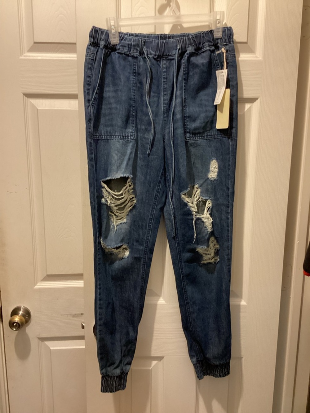 Indigo Rein Men's Distressed Drawstring Jogger Jeans - Dark Blue